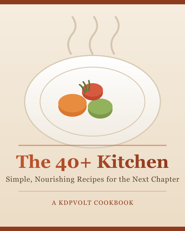 Illustrated cookbook cover concept: The 40+ Kitchen, in the style the platform's cover engine produces