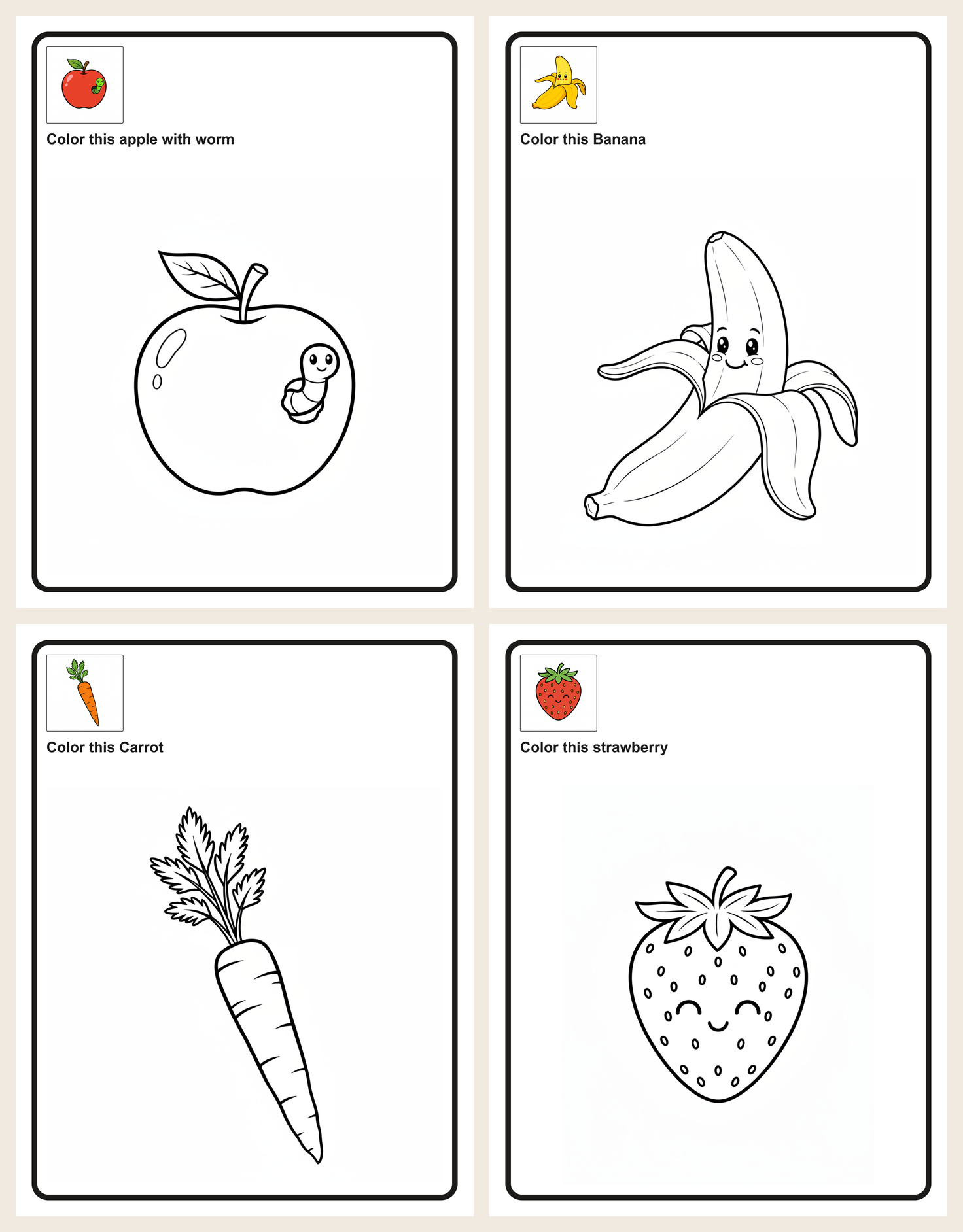 Real screenshot of four generated interior coloring pages from a KDPVolt account — apple, banana, carrot, and strawberry